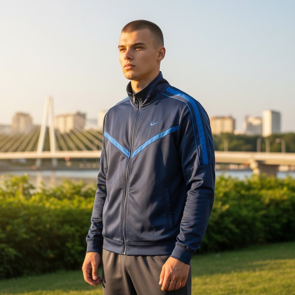 Nike Track Jacket Medium Navy Blue Excellent Full Zip Swoosh Stripe Athletic